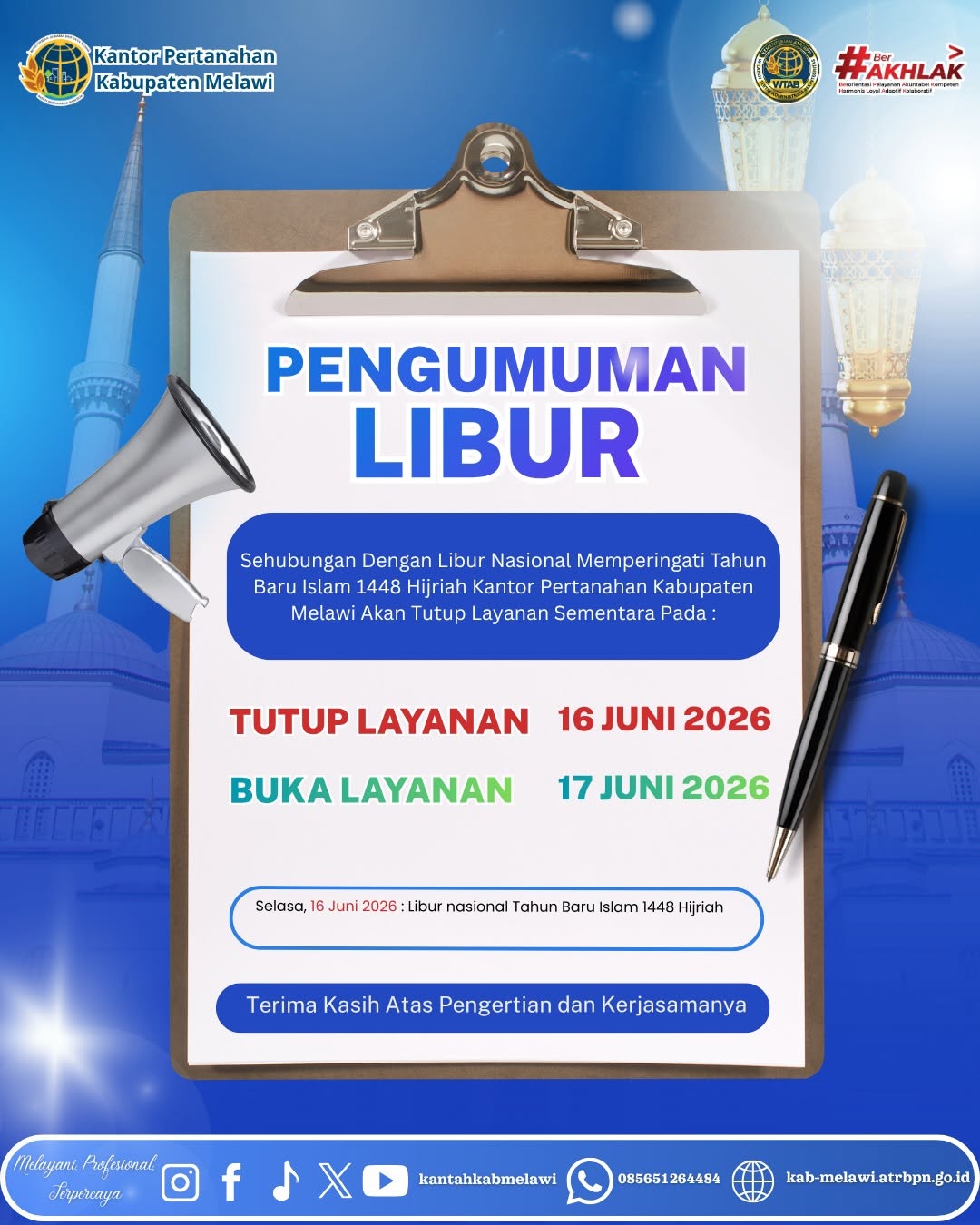 Libur Tahun Baru Islam 1448 Hijriah. Kantah Melawi Tutup Layanan.